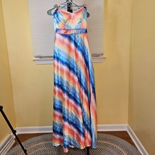 CITY STUDIO Womens 5 Blue Spaghetti Strap Long Dress Gown Tie Dye Fit+Flare NWT