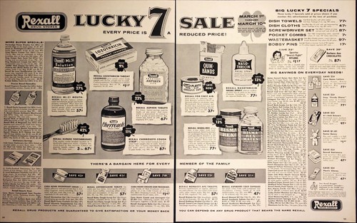 1956 Rexall Drogerie Lucky 7 Kleeblatt Verkauf Papier Vintage 2 Seiten Druck Anzeige