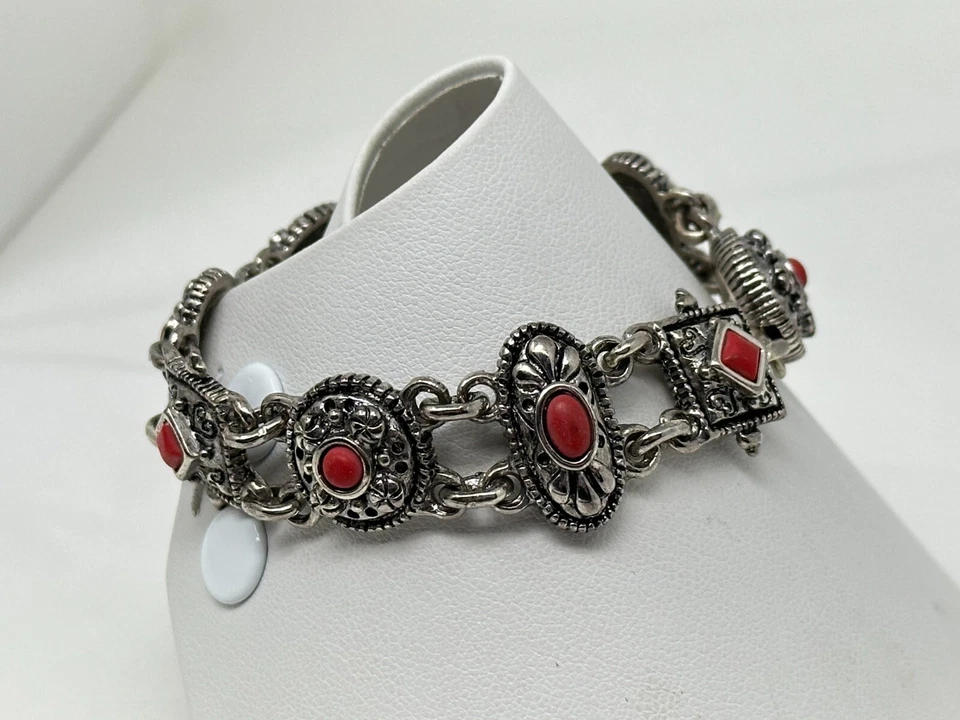 PREMIER DESIGNS Silvertone e painel de inserção de pedra vermelha pulseira 7" fecho magnético - Imagem 3 de 4