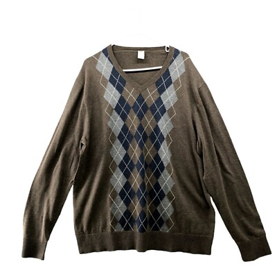 GAP Argyle Sweater Mens XL Brown V-neck Lightweight Cotton Stretch Knit 