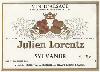 Wine Label Julien Lorentz  Vin d'Alsace Sylvaner 5 W X 3 1/2 H France