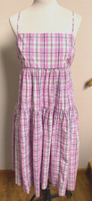 J.CREW-THIN-ADJ.STRAP-PINK PLAID-TIERED RUFFLE-MIDI DRESS-TIE BACK-10-EUC