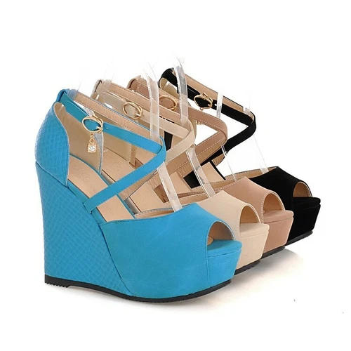 Sandalias de verano para mujer súper cuña tacón alto hebilla correa punta abierta plataforma zapatos - Imagen 5 de 14