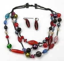 Avon Multi Color Art Glass Beaded Multi Strand Necklace & Glass Earrings Set