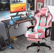 Gaming Chair with Massage, Computer Chair with Footrest, Big and Tall For pink