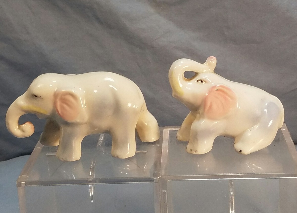 Lot (Pair) of 2 Ceramic Grey Pink & Blue Elephant Figurines