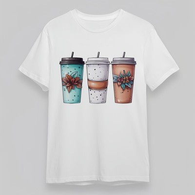 Women's Plus Size Classic T-Shirt Floral Cup with Polka Dot Design Cotton Tee