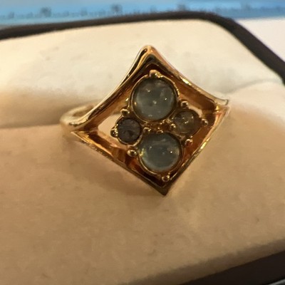 Vtg 1984 Avon Sparkle Blue Cabachon Ring Gold Tone Victorian Revival Sz 6