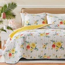Floral Quilt Set 3 Pieces Queen Size White Orange Yellow Flower with Green Le...