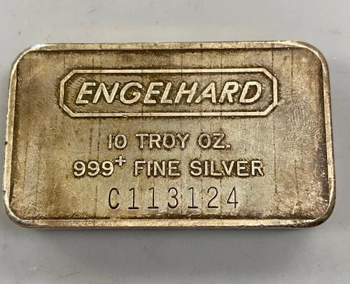Engelhard 10 Troy Ounce 999+ Fine Silver Bar C113124 toned L24280