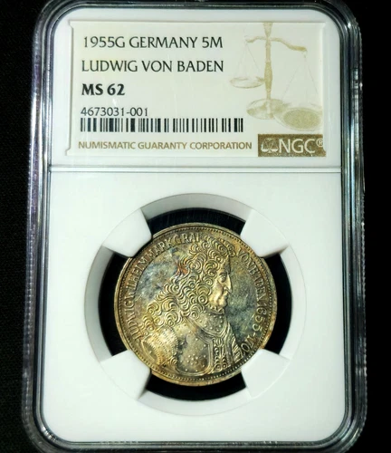 5 Deutsche Mark 1955 G Markgraf von Baden Karlsruhe Germany MS62 NGC Toning !!
