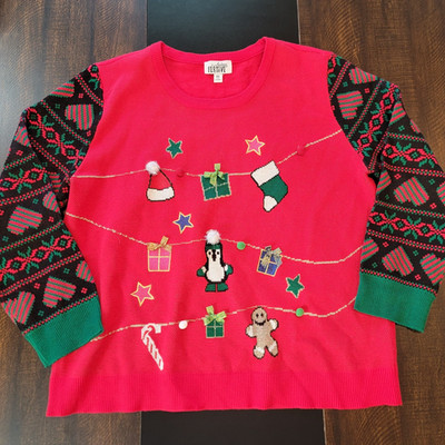 Feeling Festive Ugly Christmas Sweater Holiday Party Red Candy Cane Hearts XXL