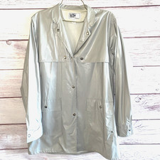 Vintage Gray Check Raincoat Womens L Snap Front PVC Jacket Minimalist 90s
