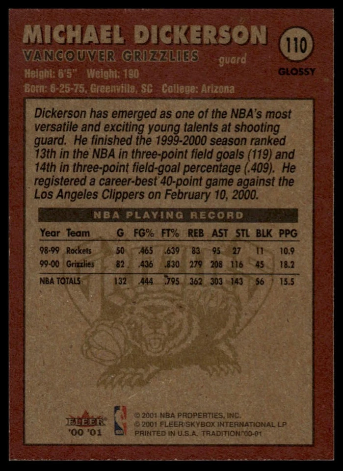 2000-01 Fleer Tradition #110 Michael Dickerson [GOATCARDS] - Image 2 of 2
