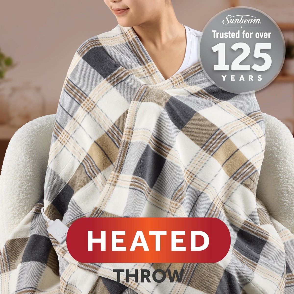 Sunbeam 13691 Electric Heated Throw Blanket Neutral Plaid Super 