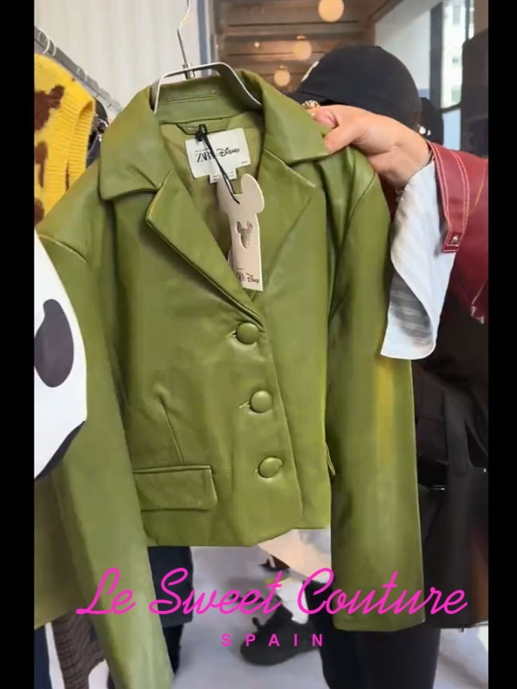 ZARA WOMAN CROPPED FIT LEATHER BLAZER HARRY LAMBERT GREEN DISNEY