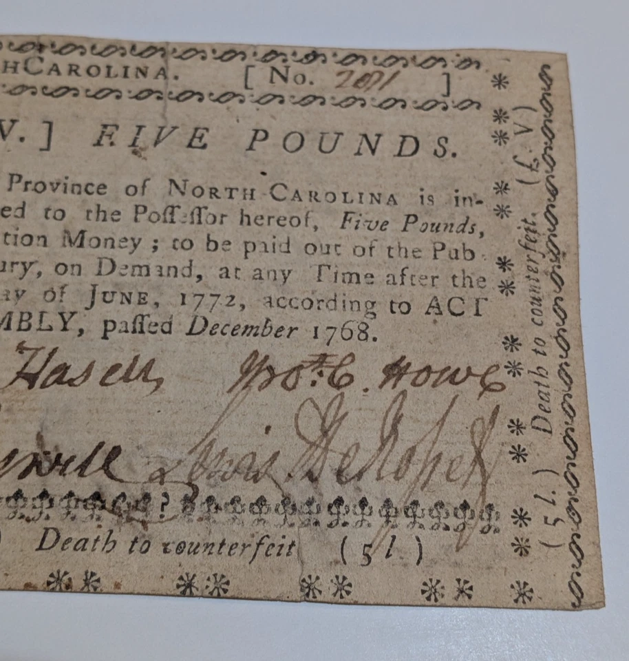 Moneda colonial de Carolina del Norte de 1768 - Billete prerrevolucionario raro de 5 libras Foto 3 de 4