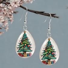 Christmas Tree Dangle Drop Earrings with Colorful Ornaments Stars Holiday Wear