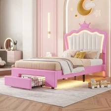 Twin Upholstered LED Bed Frame PU Princess Crown Headboard W/ Drawer for Girls