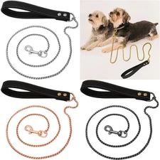 Heavy Duty Stainless Steel Dog Training Slip Lead Collar Leather Handle