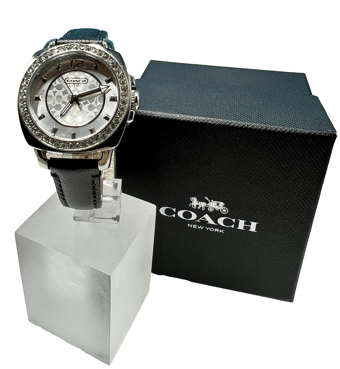 Coach Silver Crystal Dial Black Leather Strap Watch Authentic COACH Boyfriend Silver Purple Leather Crystals  main image 2