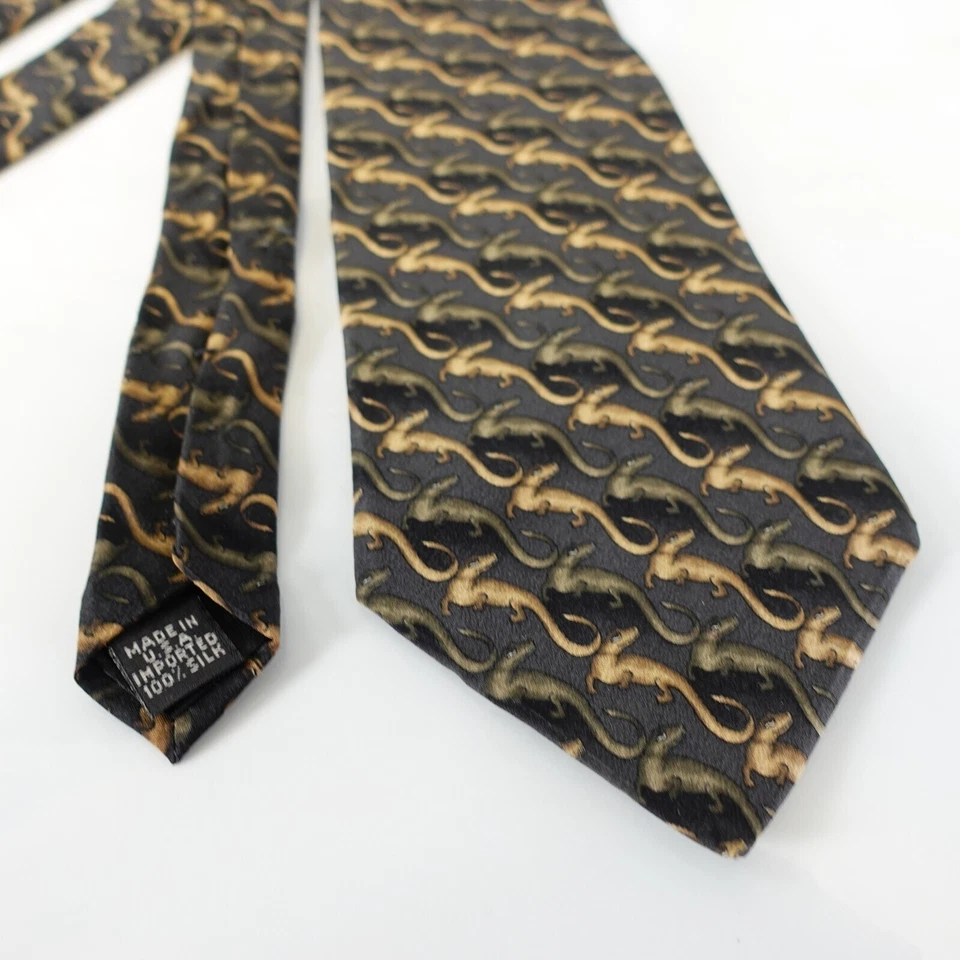 NATURA Neck Tie Mens Gray Tan Striped Silk Suit Modern Lizard Dark WIDE USA - Image 4 of 4