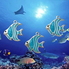 5 Blue Tropical Fish Charms Silver Bead Drop Beading Jewelry Making Pendants