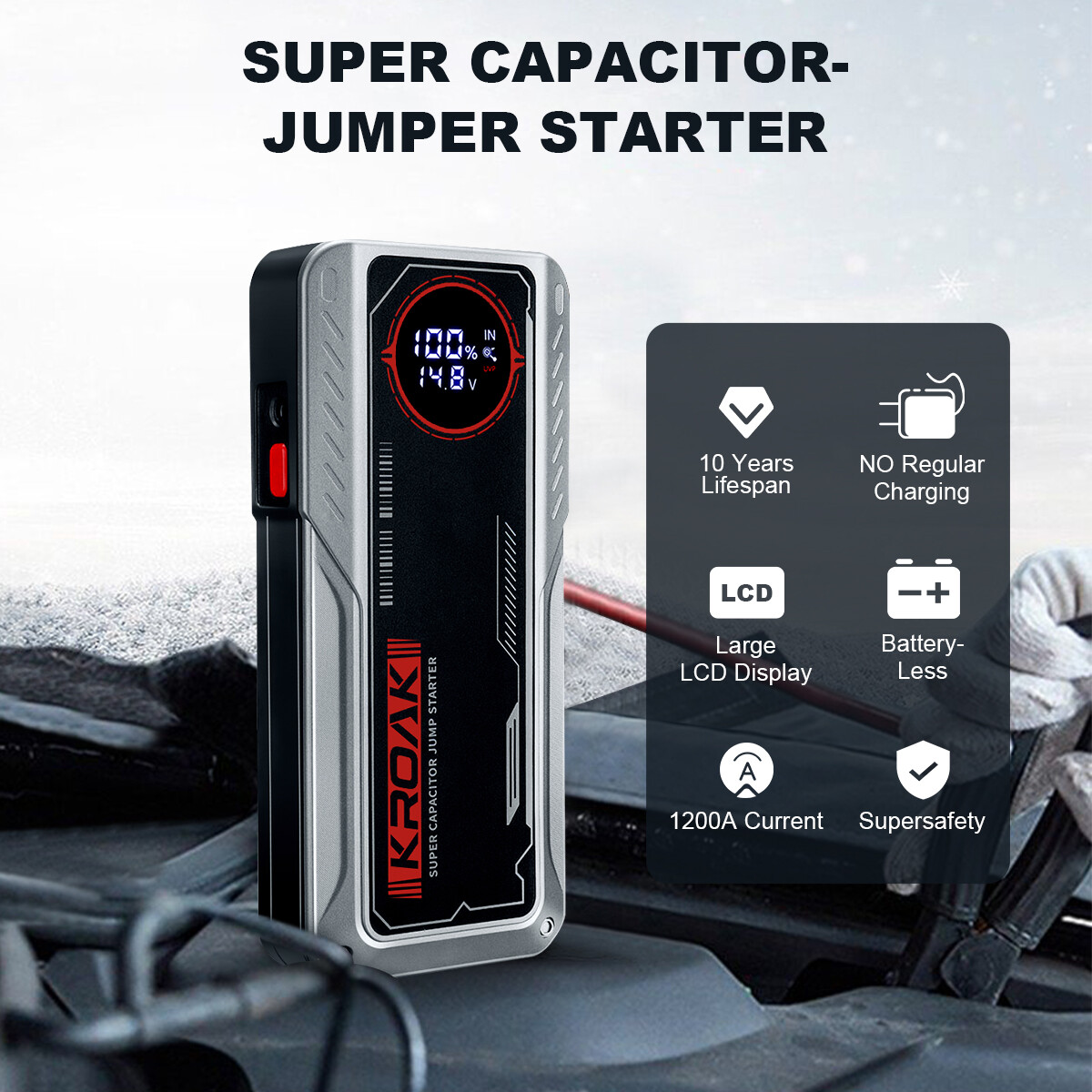 KROAK SuperCap Jump Starter 1200A BatteryFree Super Safe Car Battery