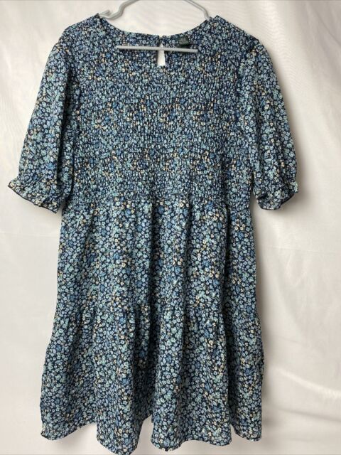 Wild Fable L Dress Blue Floral Tiered Ruffle Short Sleeve Smocked Large ...
