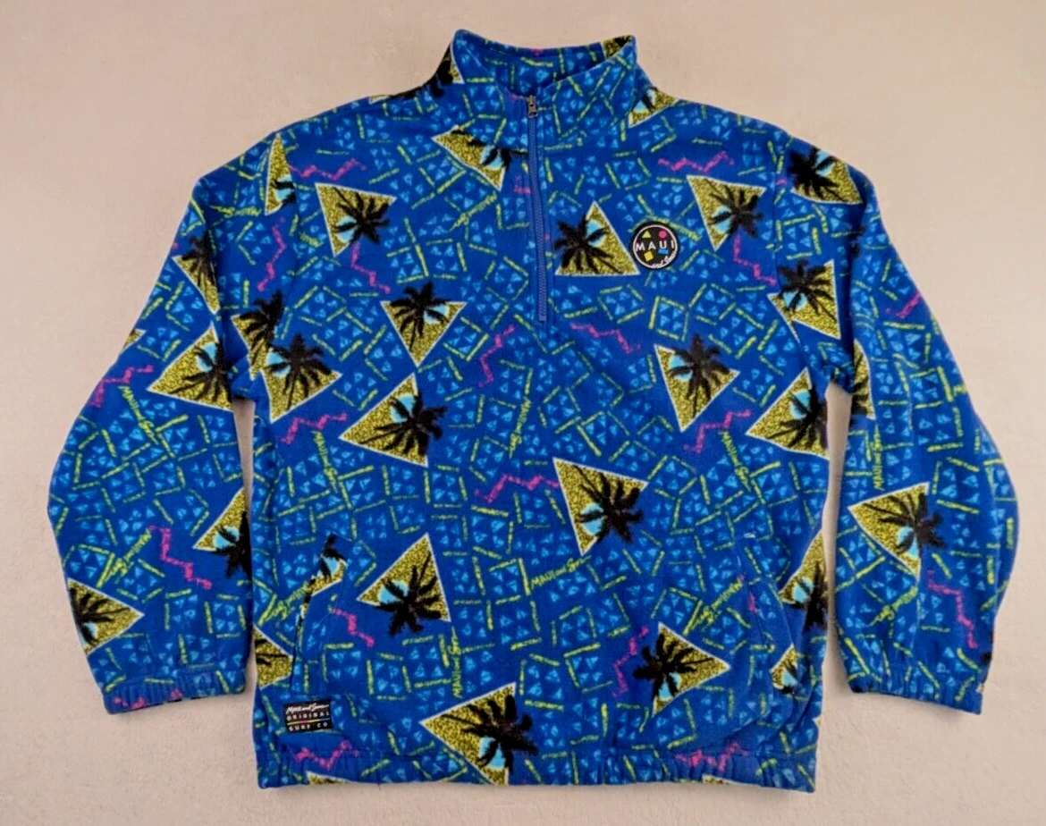 Maui And Sons sz L Fleece 1/4 Zip Pullover Jacket Sweater blue colorful 0770