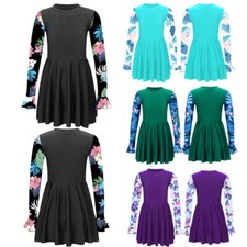 Kids Girls Swimsuit Rash Guard Dress Flared Cuffs Skirts One Piece Bikini Pool