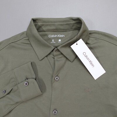 Calvin Klein Button Up Collared Shirt Size S Dusty Olive L/S Quick Dry Wicking