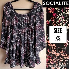 Socialite Womens Dress Tiered Mini 3/4 Kimo Sleeve Black Floral Cutout Size XS