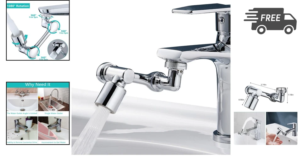 Faucet Extender Swivel Water Filter Kitchen Bathroom Aerator 2 Modes - Image 2 of 4