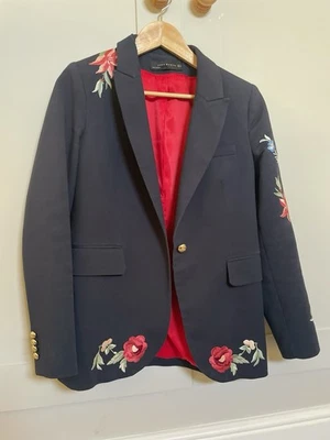Zara Women’s Blazer via Medium Navy Blue With Embroidered Flowers - Image 1 of 4