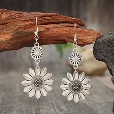Sunflower Silver Drop Earrings Boho Floral Dangle Pendant Charm Retro Long Cute