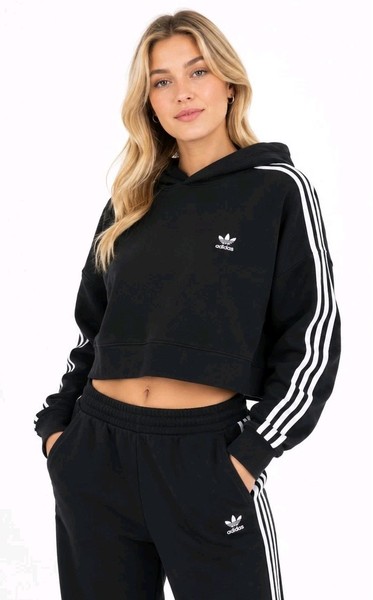 ADIDAS ORIGINALS sz 1X 14 16 Black CROPPED HOODIE 3 Stripe Trefoil Oversize #E