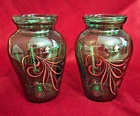 Vtg Anchor Hocking Small Emerald Green Bud Vases w Gold Swirl Design-Set of 2