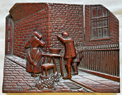 RARE 19th c  ANTIQUE CARVED FOLK ART PANEL ,GREAT PATINA   ' OYSTER  SELLER '