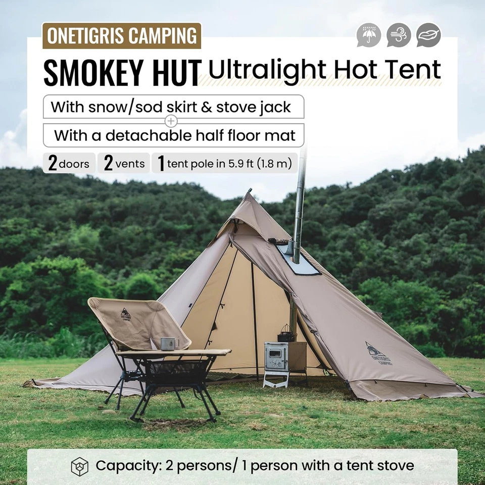 Tienda caliente Smokey HUT con gato de estufa, tienda tipi ultraligera de 4 estaciones con esquí para nieve Foto 2 de 4