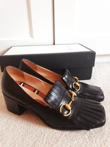 Chaussures de cour Gucci Marmont en cuir noir frangé à talons mi UK 4,5 EU 37,5