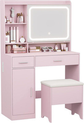 Pink Vanity Desk with Sliding Mirror, LED Lights & Storage - Makeup Table
