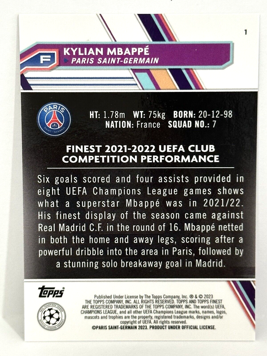 2022-23 Topps Finest UEFA Champion League PSG Kylian Mbappe Purple