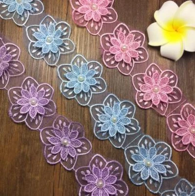 2 Yards Organza Doppelschicht Blumen Perlen Spitze Trim Hochzeitskleid Kleidung - Bild 1 von 3