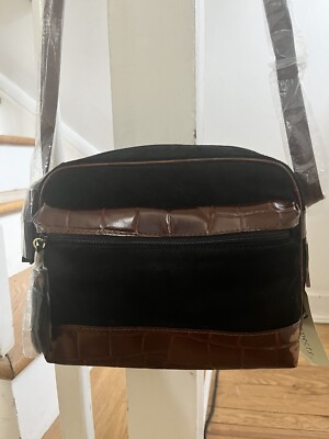Aspects Crossbody Camera Bag Black Suede & Brown Croc Embossed Leather Trim