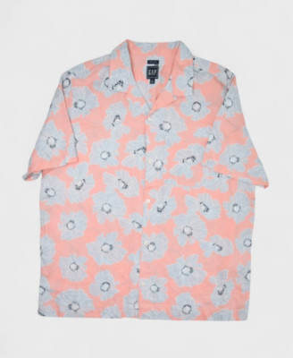 Gap Shirt Mens XL Pink Floral Hawaiian Linen Blend Loop Collar Button Up