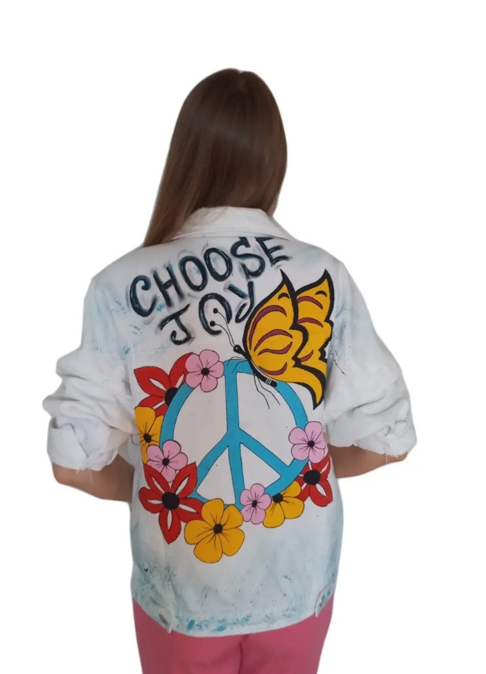 Denim Jacket Hand Painted Oversized XS  Small Womams White New-image