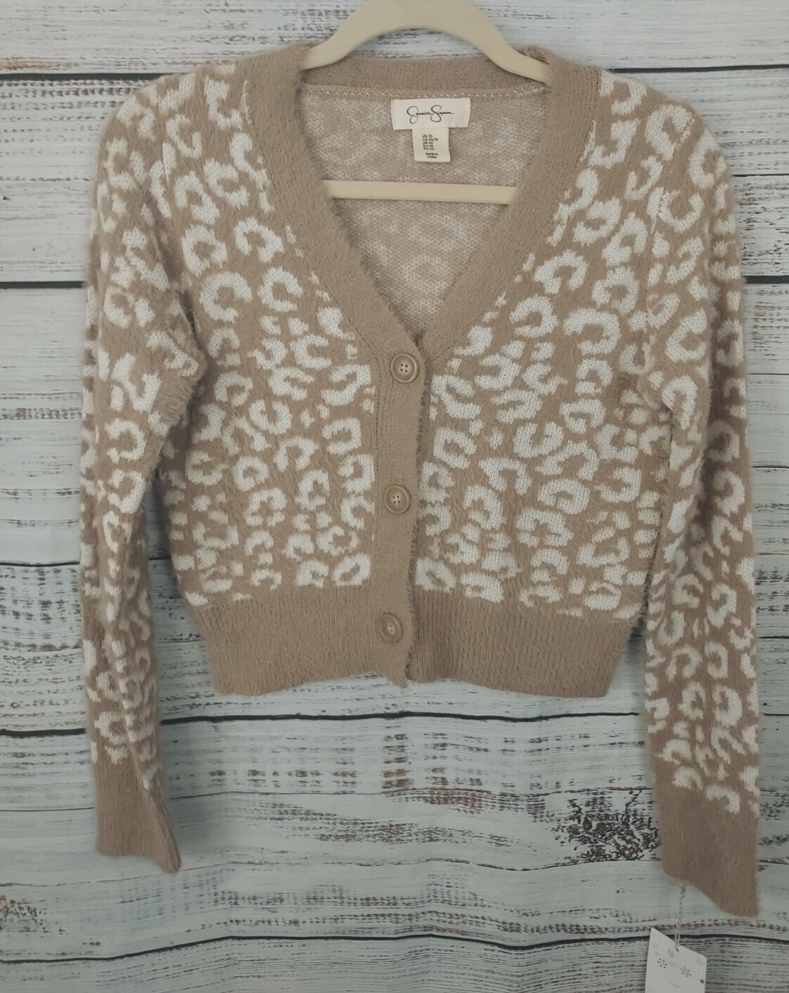 Jessica Simpson Cardigan Sweater Womenu0026#039;s XS Brown Leopard Print Fuzzy  NEW | eBay