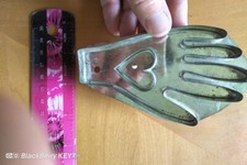 Early Vintage B Cukla Cookie Cutter Tin Hand holding a heart Hammer Song