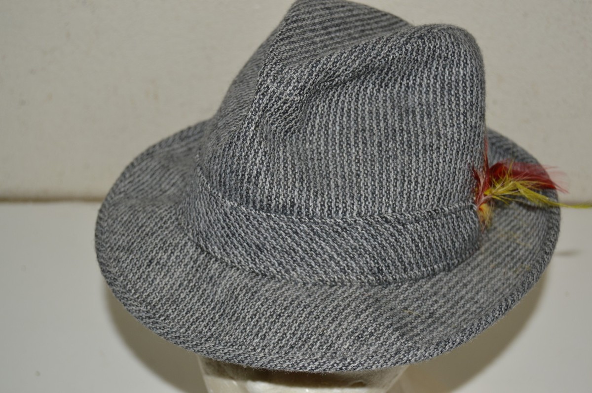 Vintage Gray Wool Striped Tweed Fedora Hat w/ Feathers